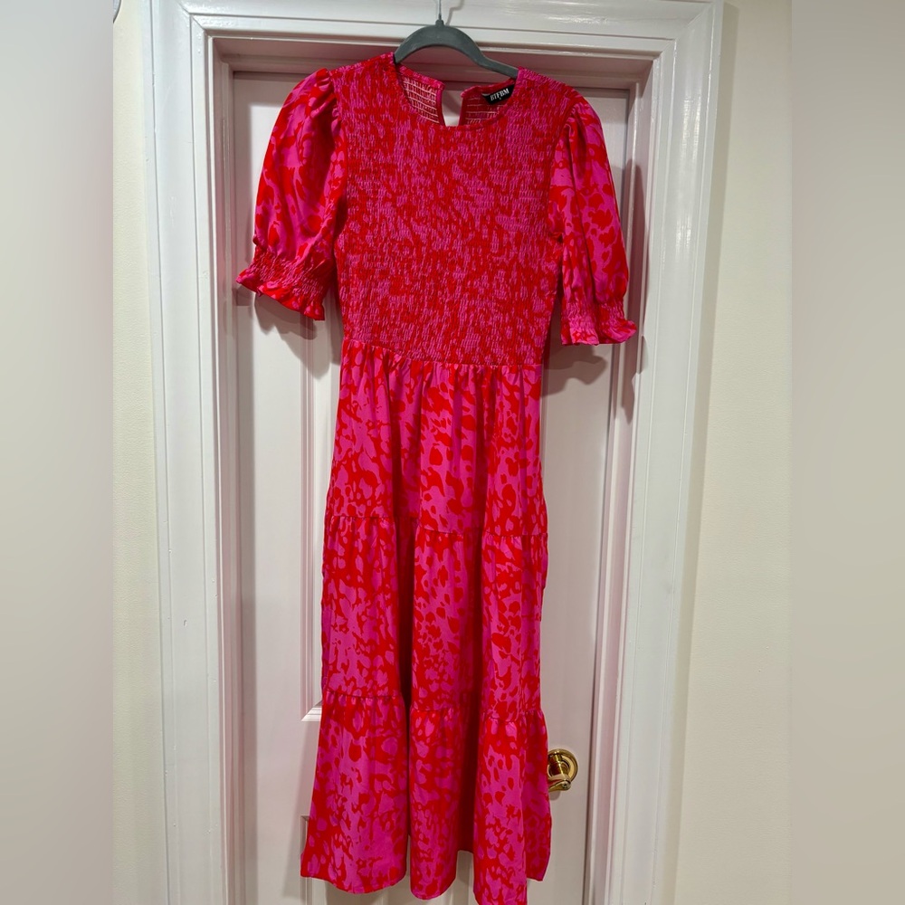 Vibrant Pink and Orange/red Midi Dress with Pockets